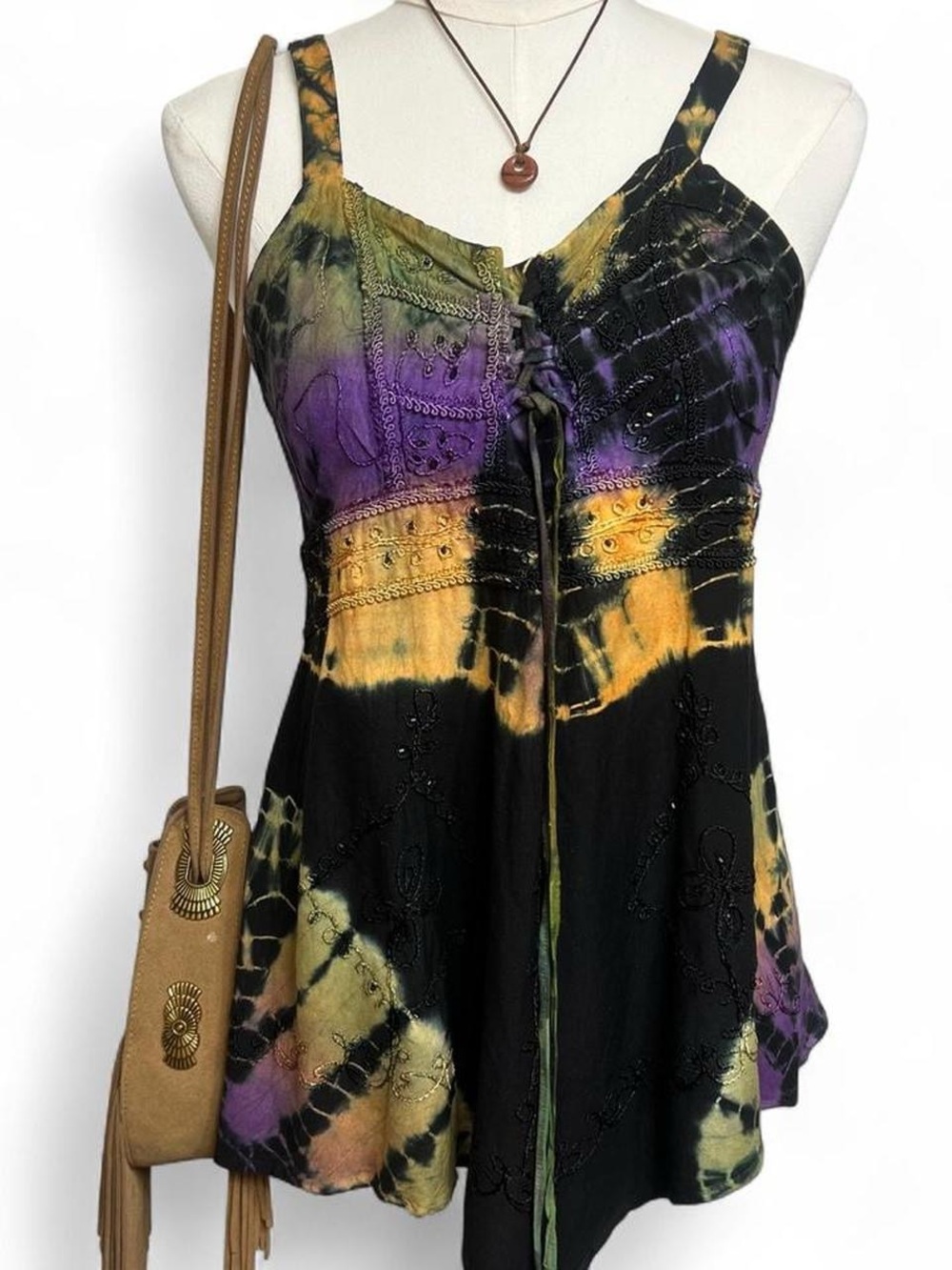 Hippie tiedye flowy beaded tank top spiritual black purple green orange festival